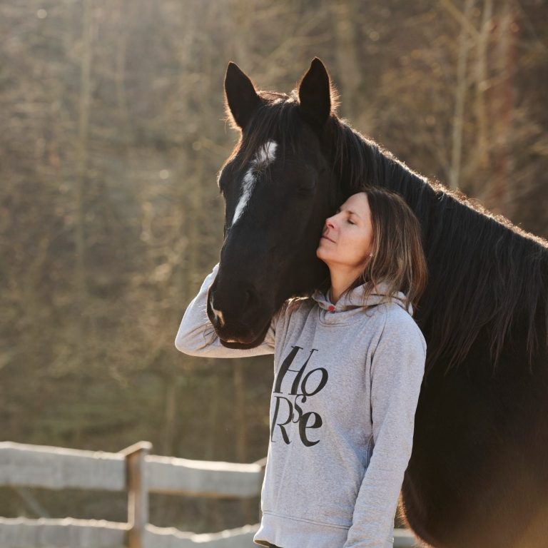 Horsebrain Coaching Denise Wiegand Frau umarmt ein schwarzes Pferd in einer sonnigen, ländlichen Umgebung.